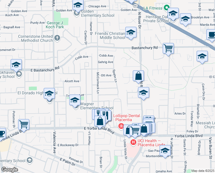 map of restaurants, bars, coffee shops, grocery stores, and more near 925 Appling Avenue in Placentia