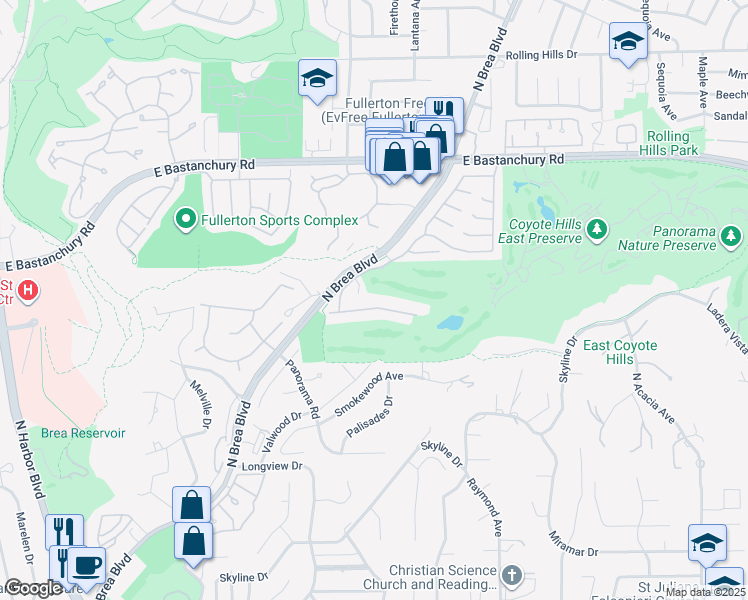 map of restaurants, bars, coffee shops, grocery stores, and more near 1338 Canterbury Lane in Fullerton