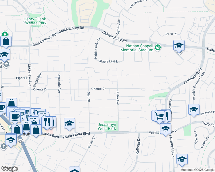 map of restaurants, bars, coffee shops, grocery stores, and more near 19151 Oriente Drive in Yorba Linda