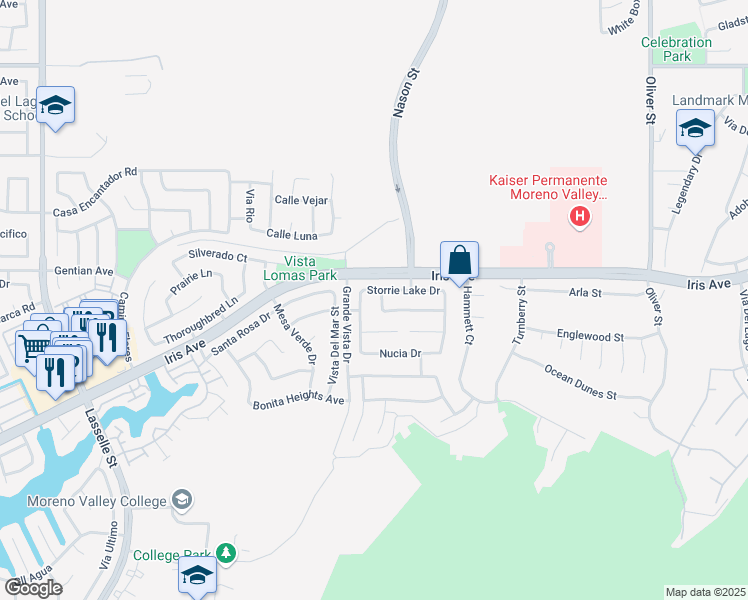 map of restaurants, bars, coffee shops, grocery stores, and more near 15597 Copper Mountain Road in Moreno Valley
