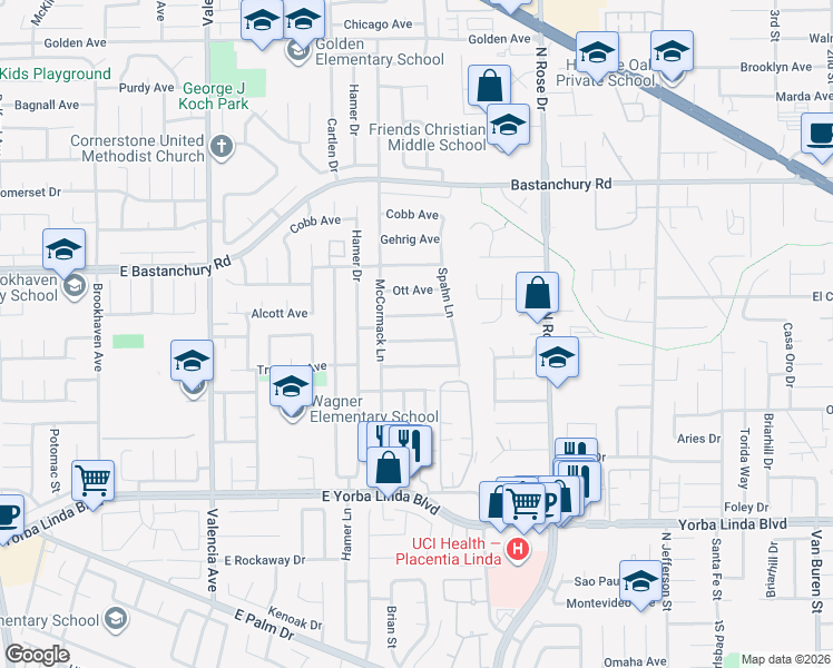 map of restaurants, bars, coffee shops, grocery stores, and more near 925 Appling Avenue in Placentia