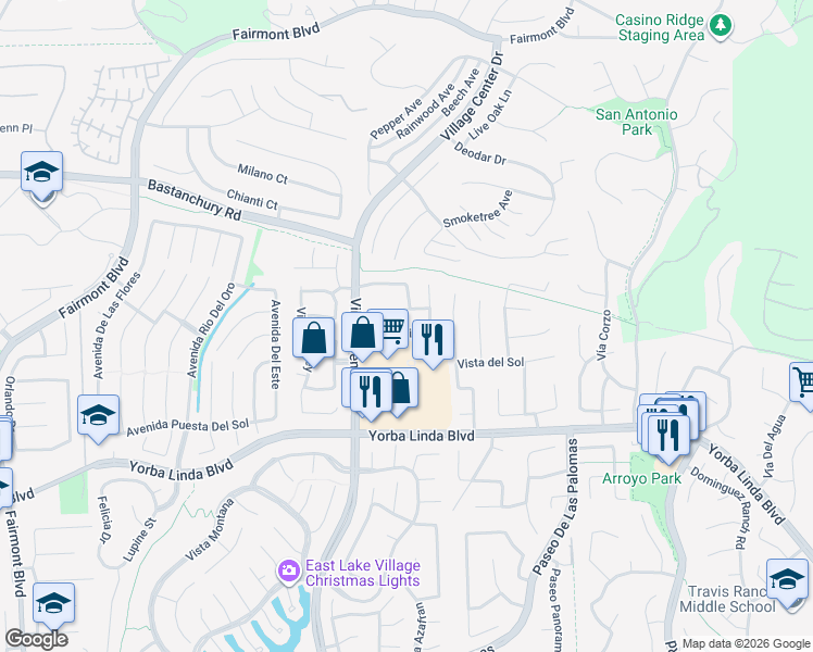 map of restaurants, bars, coffee shops, grocery stores, and more near 21525 Vía Pepita in Yorba Linda