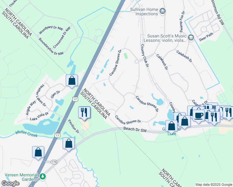 map of restaurants, bars, coffee shops, grocery stores, and more near 10 East Pine Court in Carolina Shores
