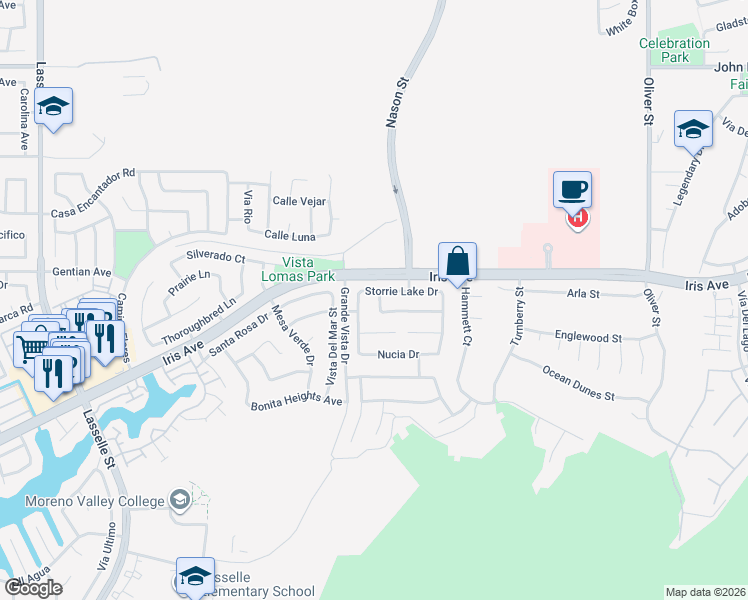 map of restaurants, bars, coffee shops, grocery stores, and more near 15597 Copper Mountain Road in Moreno Valley