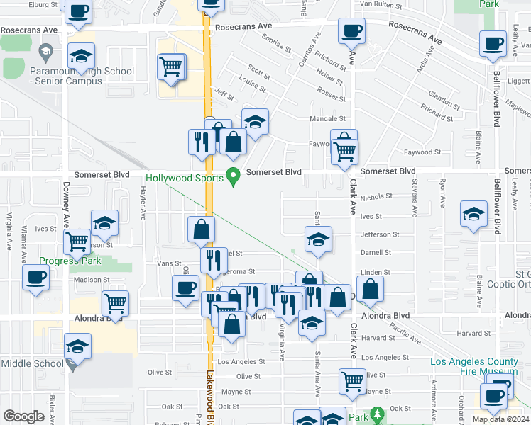 map of restaurants, bars, coffee shops, grocery stores, and more near 9030 Somerset Boulevard in Bellflower
