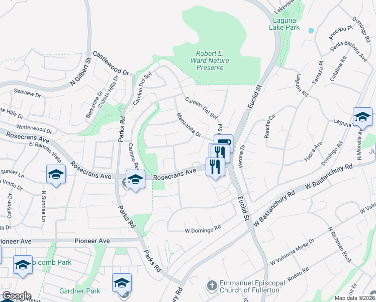 map of restaurants, bars, coffee shops, grocery stores, and more near 2114 Avenida Soledad in Fullerton