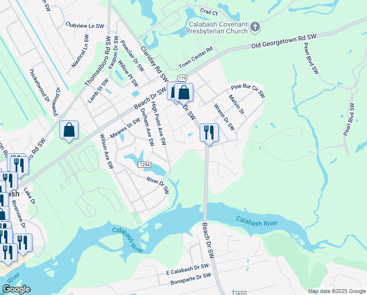 map of restaurants, bars, coffee shops, grocery stores, and more near 1083 Valley Drive in Calabash