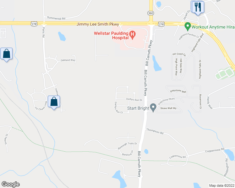 map of restaurants, bars, coffee shops, grocery stores, and more near 187 Darbys Run Way in Hiram