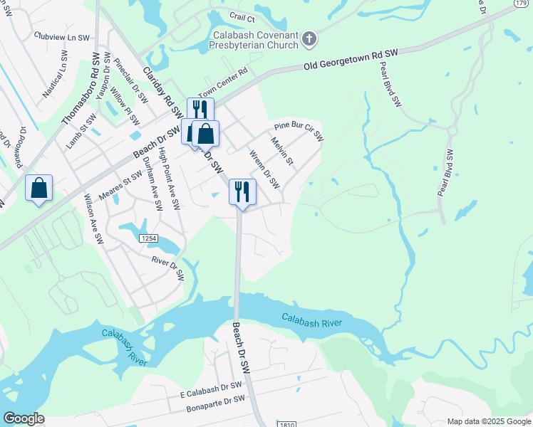 map of restaurants, bars, coffee shops, grocery stores, and more near 1184 Jericho Rd SW in Sunset Beach