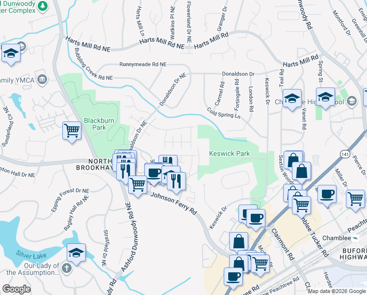 map of restaurants, bars, coffee shops, grocery stores, and more near 3555 Brookleigh Lane Northeast in Brookhaven