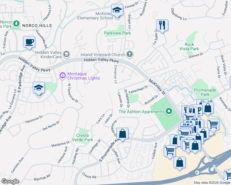 map of restaurants, bars, coffee shops, grocery stores, and more near 766 Lassen Drive in Corona