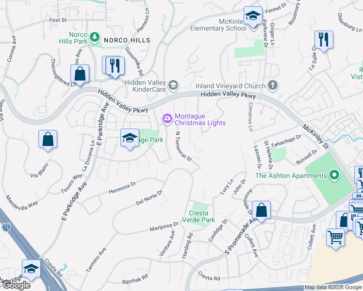 map of restaurants, bars, coffee shops, grocery stores, and more near 731 North Temescal Street in Corona