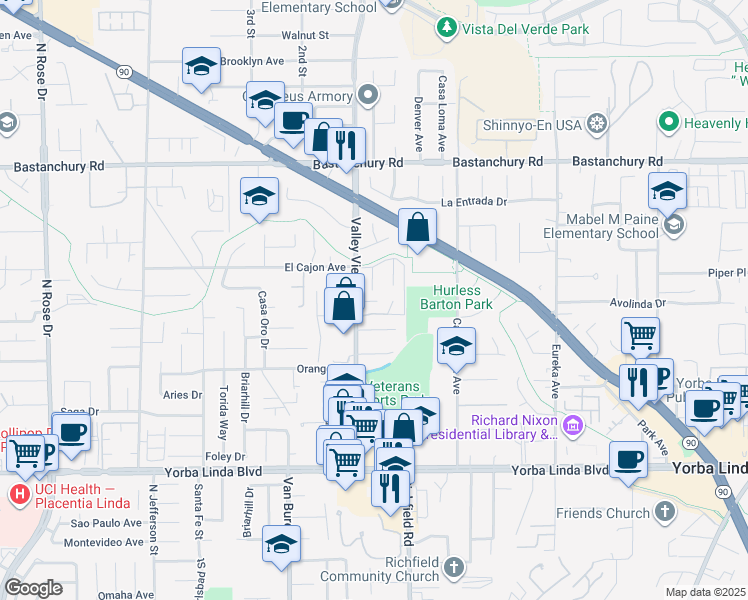 map of restaurants, bars, coffee shops, grocery stores, and more near 4580 Jamestowne in Yorba Linda