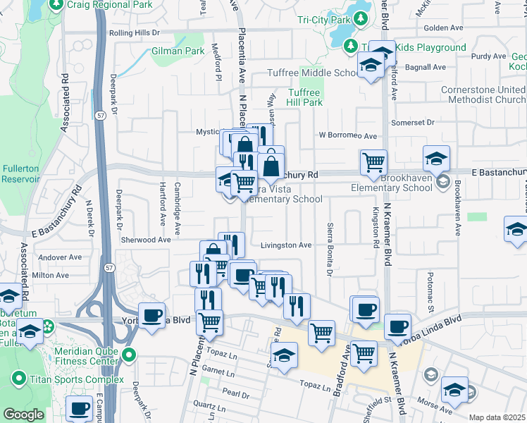 map of restaurants, bars, coffee shops, grocery stores, and more near 436 Lewis Place in Placentia