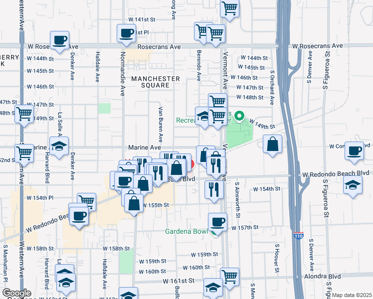 map of restaurants, bars, coffee shops, grocery stores, and more near 1120 Marine Avenue in Gardena
