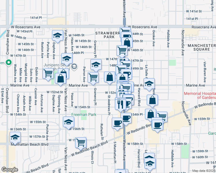 map of restaurants, bars, coffee shops, grocery stores, and more near 1847 West 152nd Street in Gardena