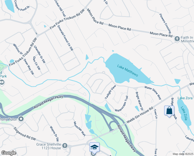 map of restaurants, bars, coffee shops, grocery stores, and more near 2414 Mossy Branch Drive in Snellville