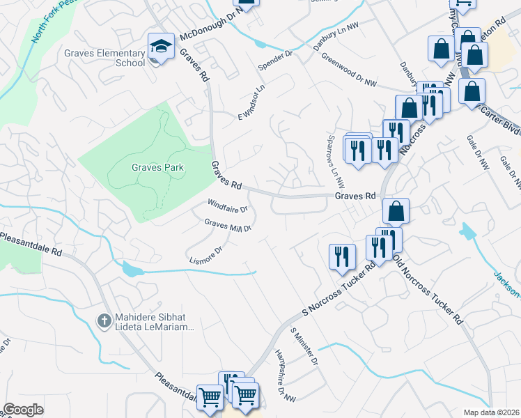 map of restaurants, bars, coffee shops, grocery stores, and more near 6686 Graves Mill Drive in Norcross