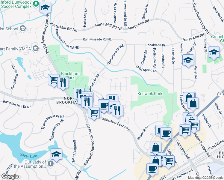 map of restaurants, bars, coffee shops, grocery stores, and more near 3725 Inglewood Way in Atlanta