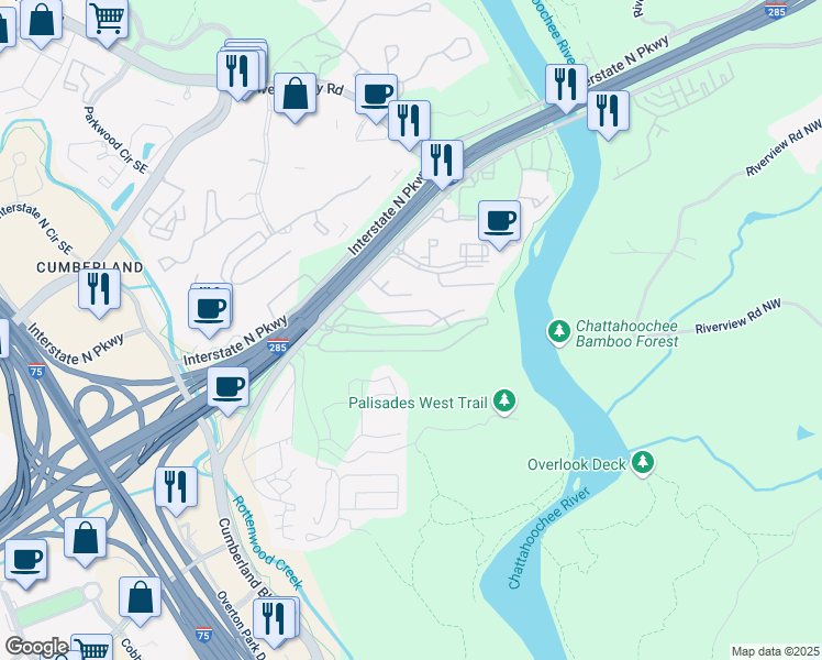 map of restaurants, bars, coffee shops, grocery stores, and more near 2383 Akers Mill Road Southeast in Atlanta
