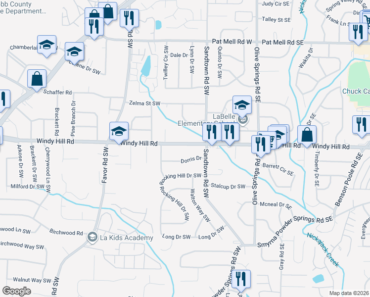 map of restaurants, bars, coffee shops, grocery stores, and more near 152 Windy Hill Road Southwest in Marietta