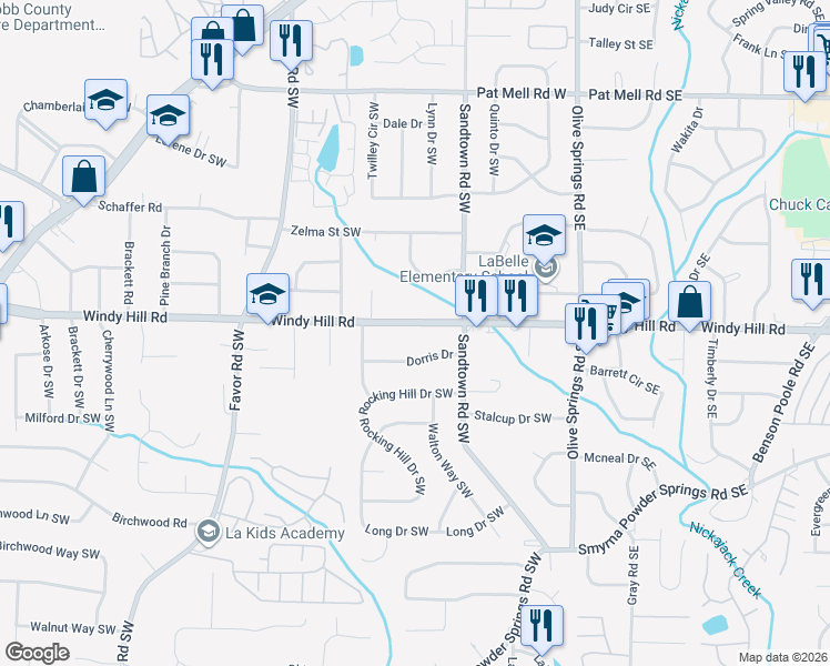 map of restaurants, bars, coffee shops, grocery stores, and more near 152 Windy Hill Road Southwest in Marietta