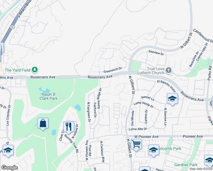 map of restaurants, bars, coffee shops, grocery stores, and more near 2557 Crown Way in Fullerton