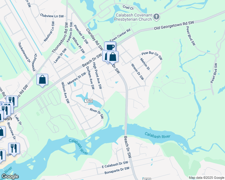 map of restaurants, bars, coffee shops, grocery stores, and more near 1083 Valley Drive in Calabash