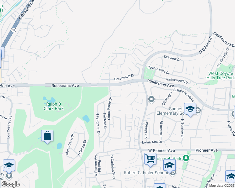 map of restaurants, bars, coffee shops, grocery stores, and more near 2557 Crown Way in Fullerton
