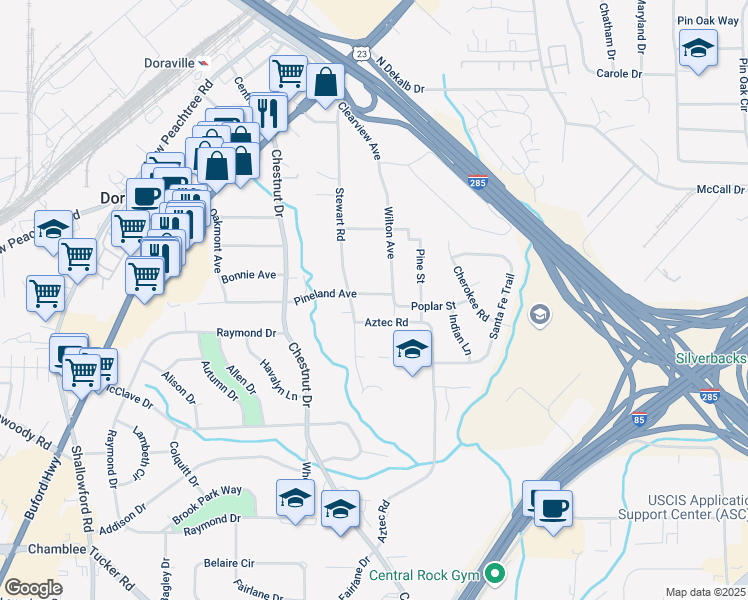 map of restaurants, bars, coffee shops, grocery stores, and more near 2805 Pineland Avenue in Doraville