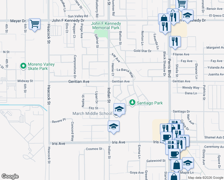 map of restaurants, bars, coffee shops, grocery stores, and more near 15551 Crusader Drive in Moreno Valley