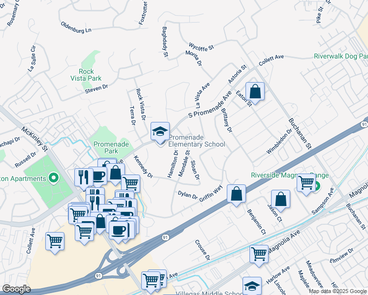 map of restaurants, bars, coffee shops, grocery stores, and more near 568 Mondale Street in Corona