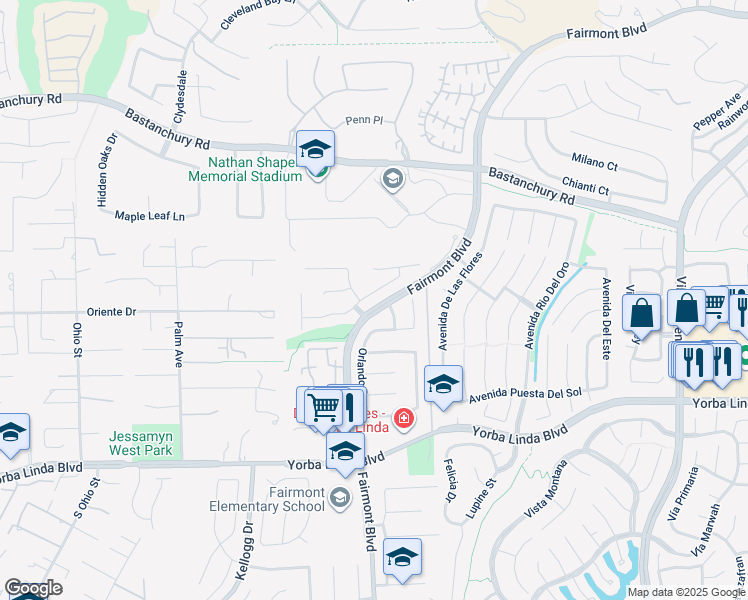 map of restaurants, bars, coffee shops, grocery stores, and more near 19788 Marsala Drive in Yorba Linda