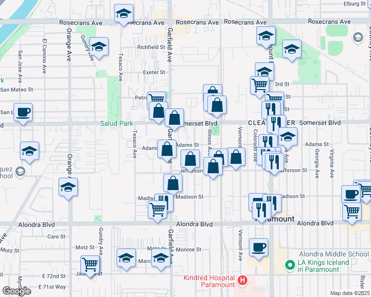 map of restaurants, bars, coffee shops, grocery stores, and more near 15329 Minnesota Avenue in Paramount