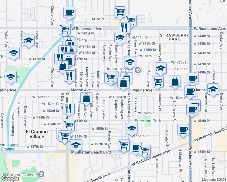 map of restaurants, bars, coffee shops, grocery stores, and more near 2400 Marine Avenue in Gardena