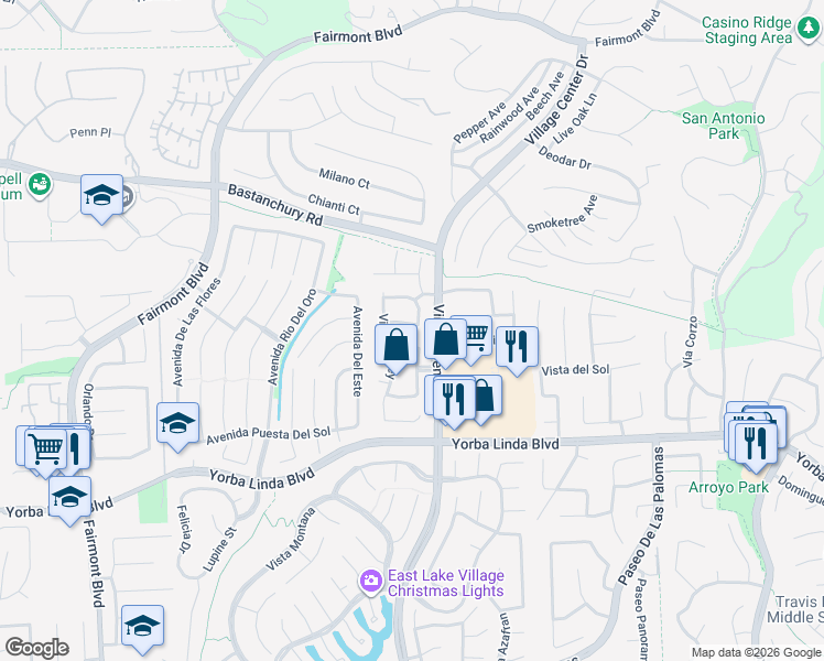 map of restaurants, bars, coffee shops, grocery stores, and more near 20406 Vía Don Juan in Yorba Linda