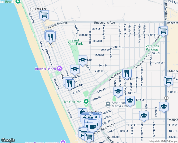 map of restaurants, bars, coffee shops, grocery stores, and more near 534 24th Street in Manhattan Beach