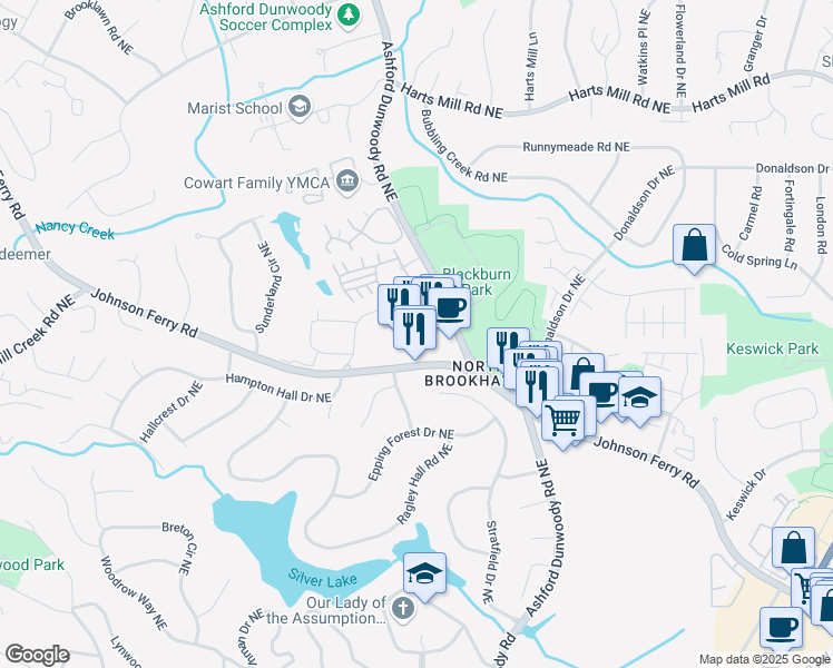 map of restaurants, bars, coffee shops, grocery stores, and more near 2036 Johnson Ferry Road Northeast in Atlanta