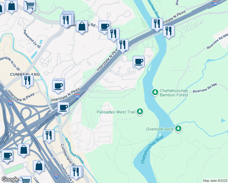 map of restaurants, bars, coffee shops, grocery stores, and more near 2383 Akers Mill Road Southeast in Atlanta