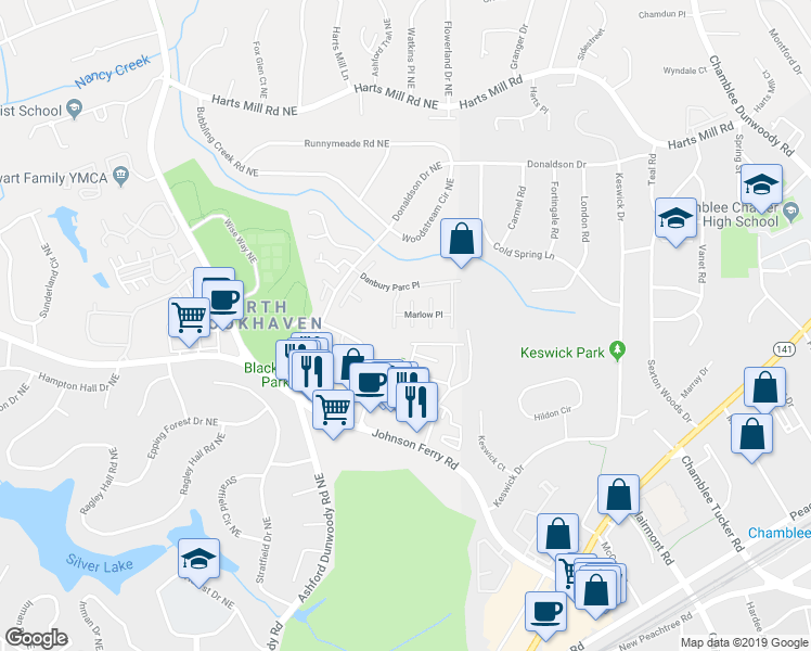 map of restaurants, bars, coffee shops, grocery stores, and more near 3692 Lambert Lane in Atlanta