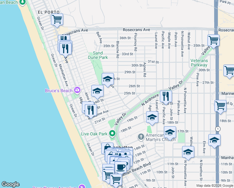 map of restaurants, bars, coffee shops, grocery stores, and more near 2401 Blanche Road in Manhattan Beach