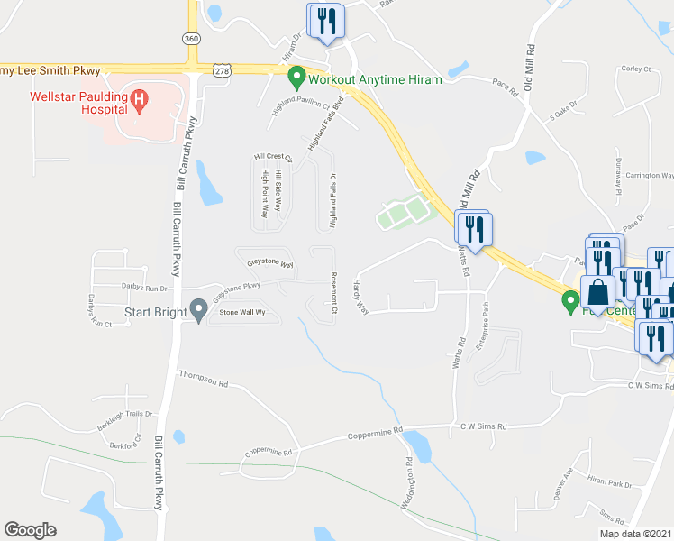 map of restaurants, bars, coffee shops, grocery stores, and more near 161 Rosemont Court in Hiram