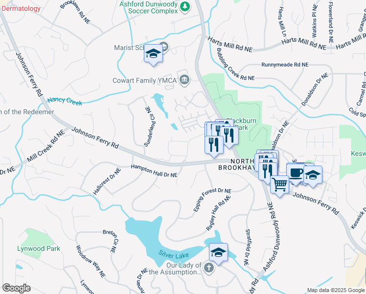 map of restaurants, bars, coffee shops, grocery stores, and more near 3564 Ashford Dunwoody Road Northeast in Atlanta