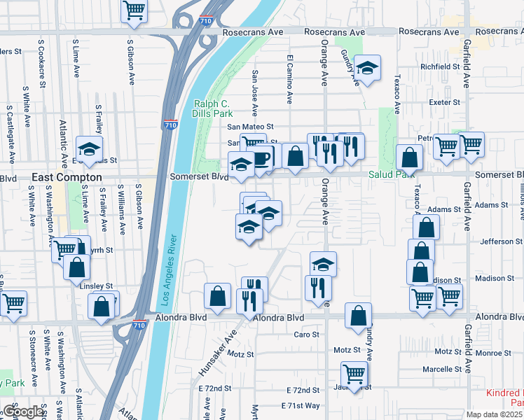 map of restaurants, bars, coffee shops, grocery stores, and more near 15158 San Jose Avenue in Paramount