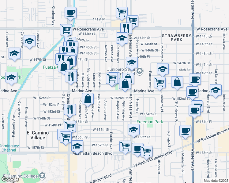 map of restaurants, bars, coffee shops, grocery stores, and more near 2402 Marine Avenue in Gardena