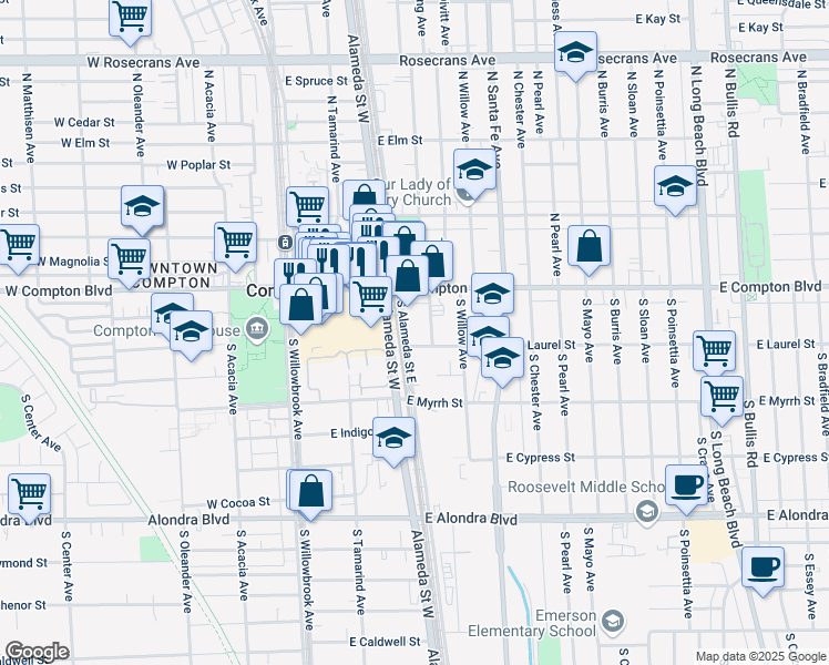map of restaurants, bars, coffee shops, grocery stores, and more near 156 South Alameda Street East in Compton