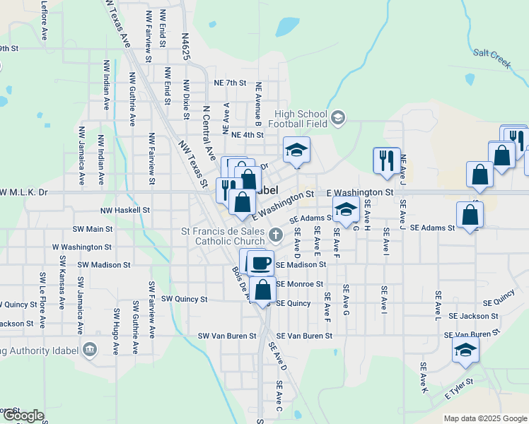 map of restaurants, bars, coffee shops, grocery stores, and more near 106 Southeast Avenue A in Idabel