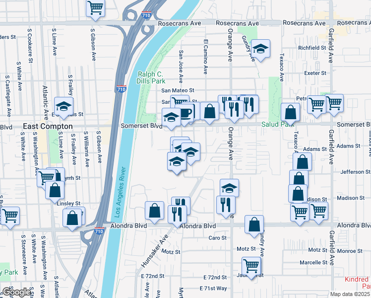 map of restaurants, bars, coffee shops, grocery stores, and more near 15158 San Jose Avenue in Paramount
