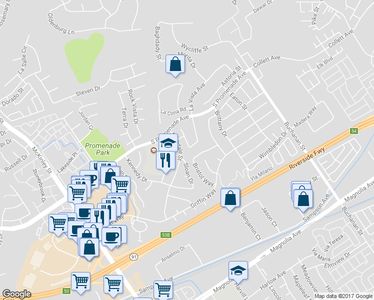 map of restaurants, bars, coffee shops, grocery stores, and more near 560 Calhoun Street in Corona