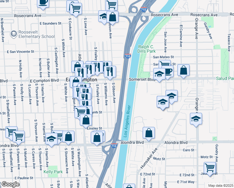 map of restaurants, bars, coffee shops, grocery stores, and more near 15315 South Gibson Avenue in Compton